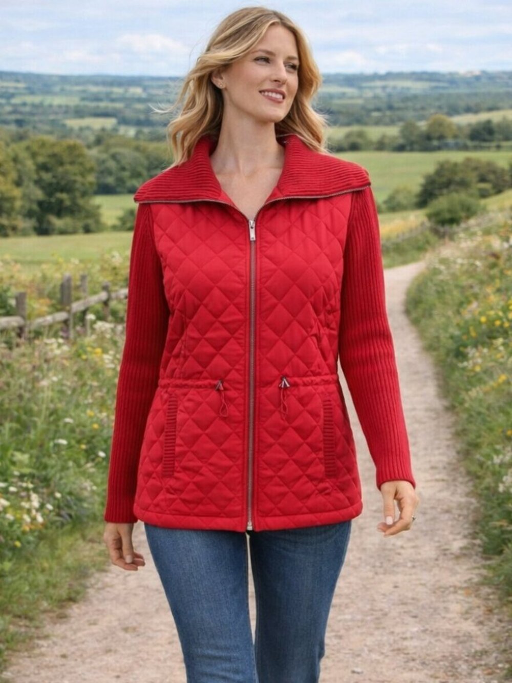 Jones New York Red Quilted Zip Front Drawstring Waist Jacket Size 1X